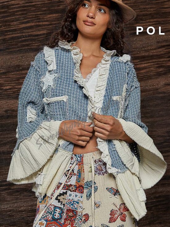 POL Tops - POL LAST ONE Boho Ruffles Denim Stars & Moon Patches Denim Jean Jacket